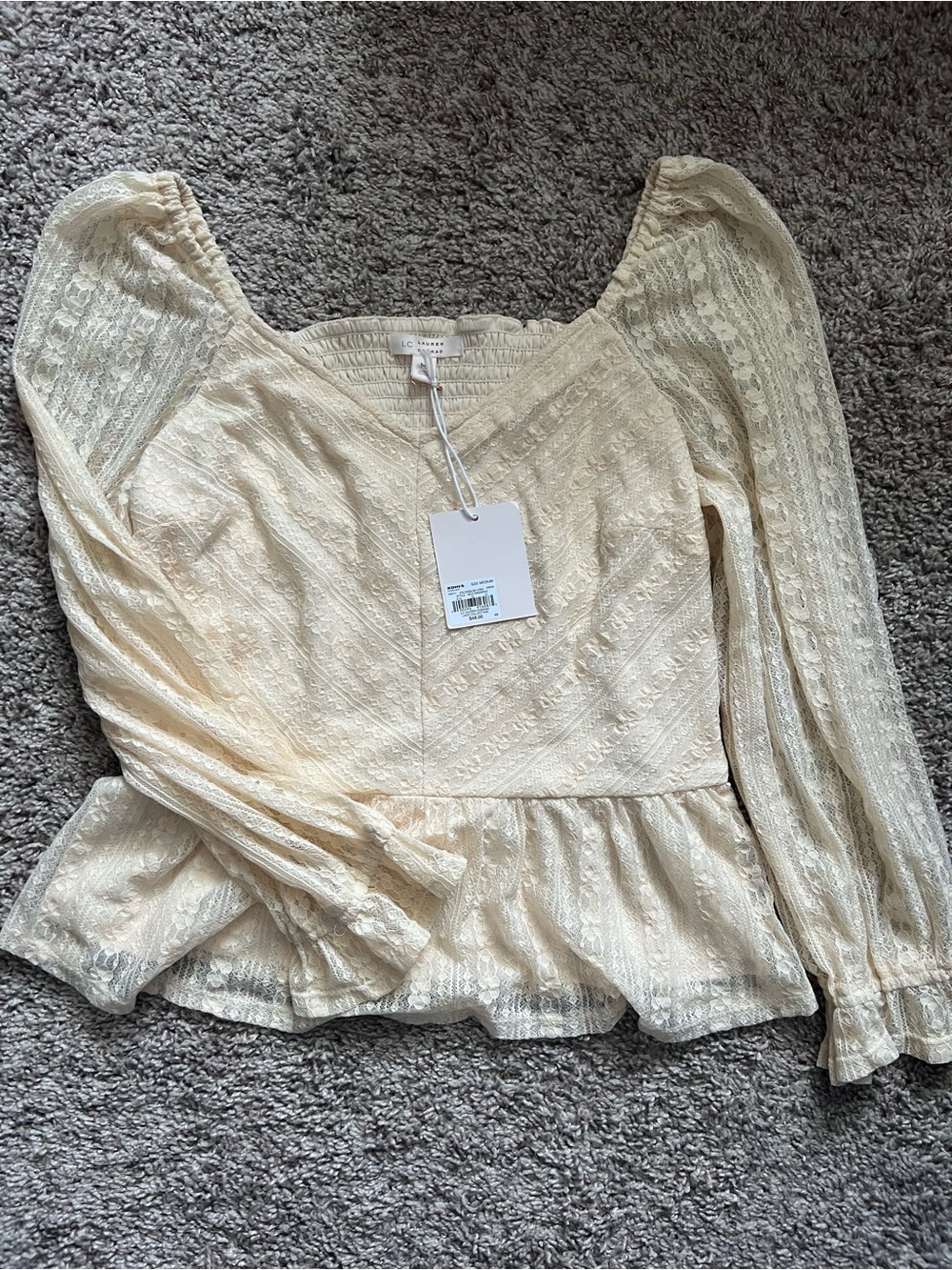 LC Lauren Conrad Ivory Lace Peplum Long Sleeve Blouse